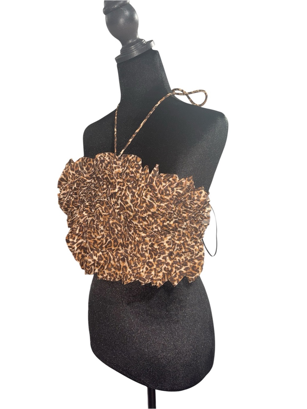 Zara Women’s Y2K Festival Leopard Print Ruffle Halter Crop Top Brown NWT Size M - Picture 2 of 3